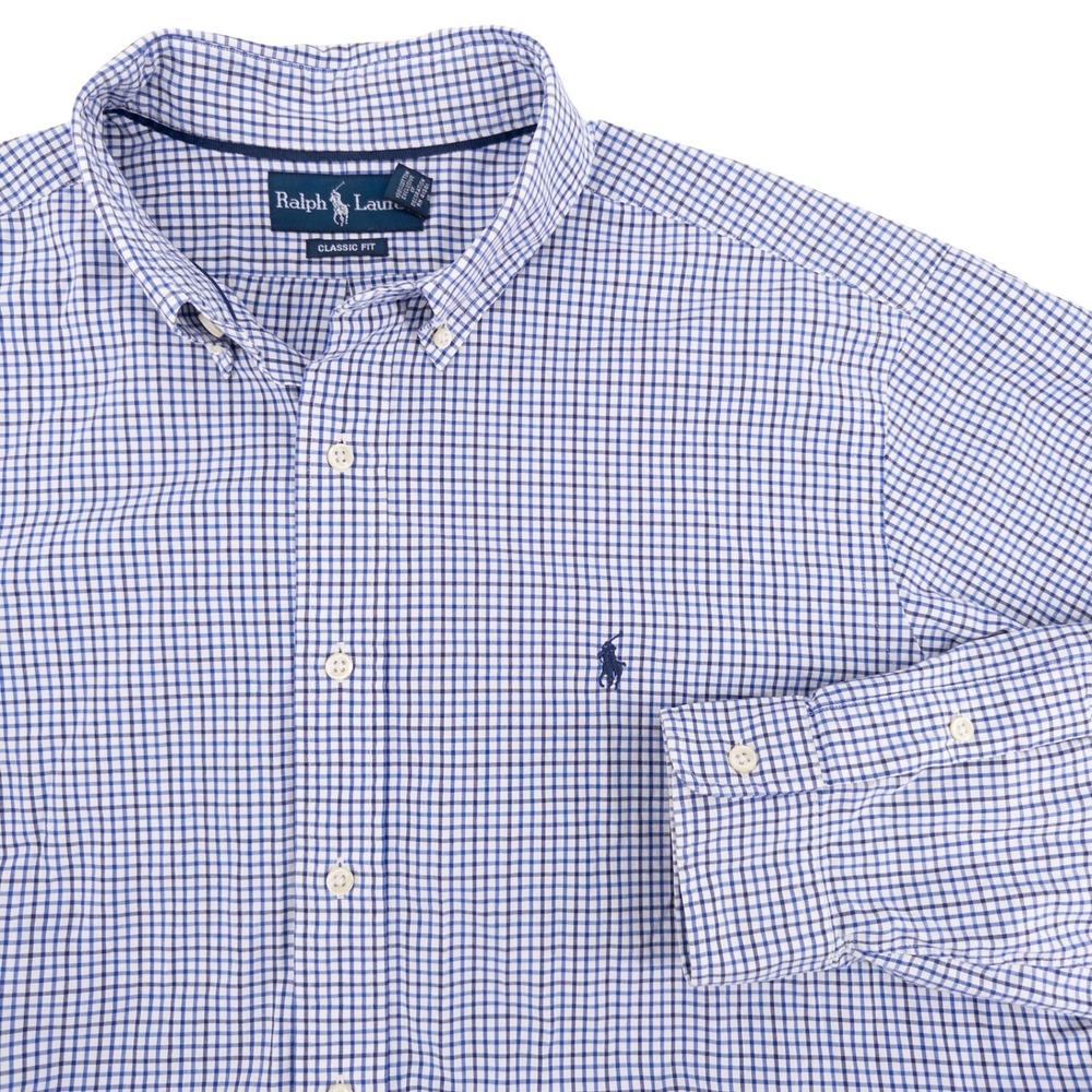 Vintage Polo Ralph Lauren Mens XL Classic Fit Button Down Shirt Blue White Check